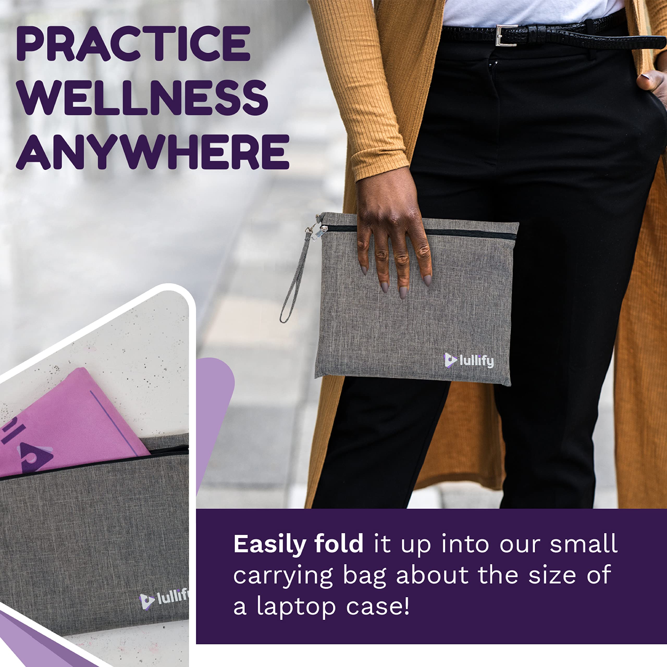 Lullify Travel Yoga Mat with Carrying Bag - Lightweight Foldable Exercise Mat for Yoga, Pilates & Gym | Ultra-Thin Sweat-Absorbing Microfiber | Perfect for Travel, Home Workouts & Outdoor Activities (Purple)