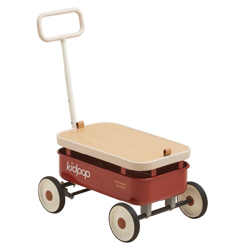 PULA-Wild 3-in-1 Kids Pull Along Wagon & Push Walker Toy for Toddlers Age 2.5-8 Years | Adjustable Handle & Removable Wooden Cover | 33 lbs Weight Capacity | Perfect Birthday Gift for Boys & Girls | Indoor & Outdoor Play, Park Trips, Beach Days (Red)