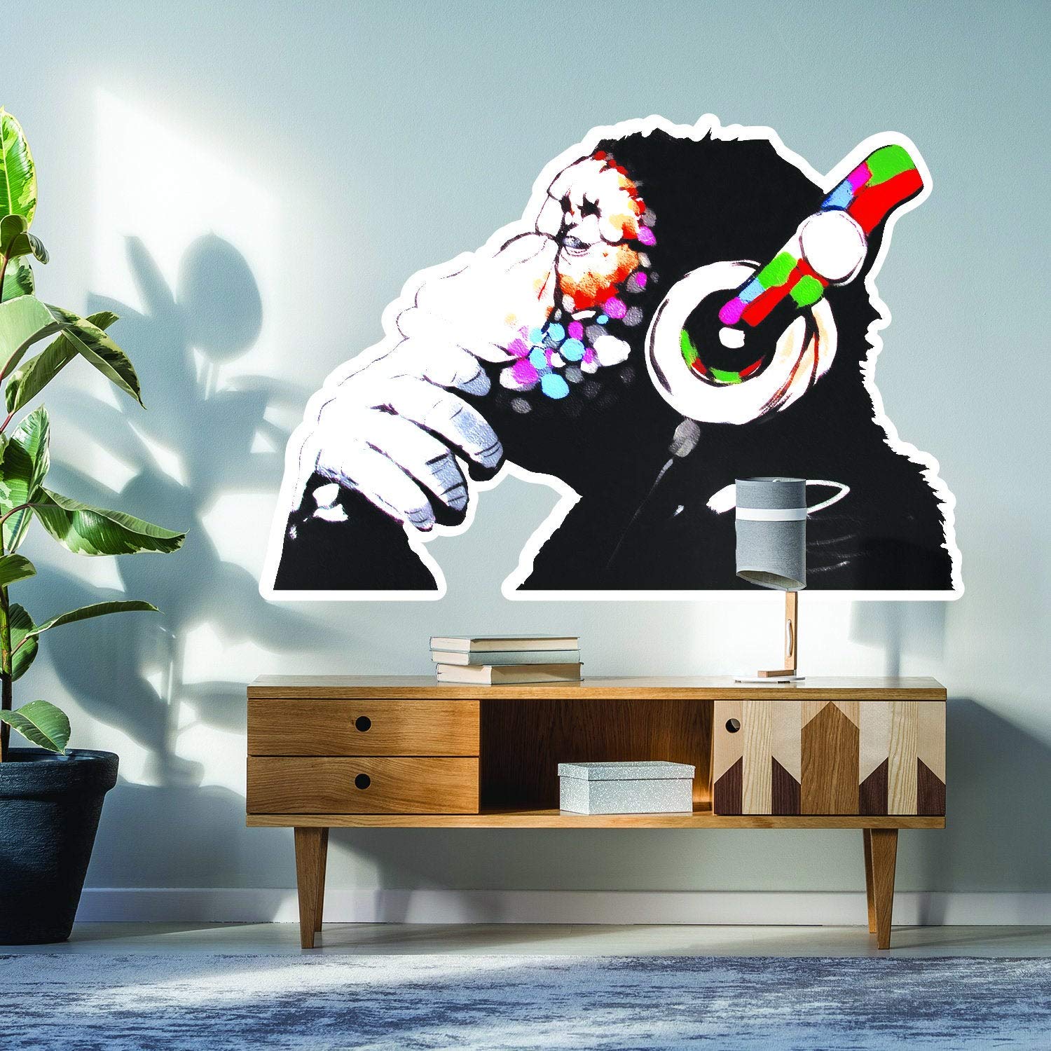 Banksy Thinking Monkey Sticker - High Quality Vinyl Wall Decal with Headphones | Street Art Graffiti Mural for Home & Office Decor | Perfect for Music Lovers & Urban Art Enthusiasts
