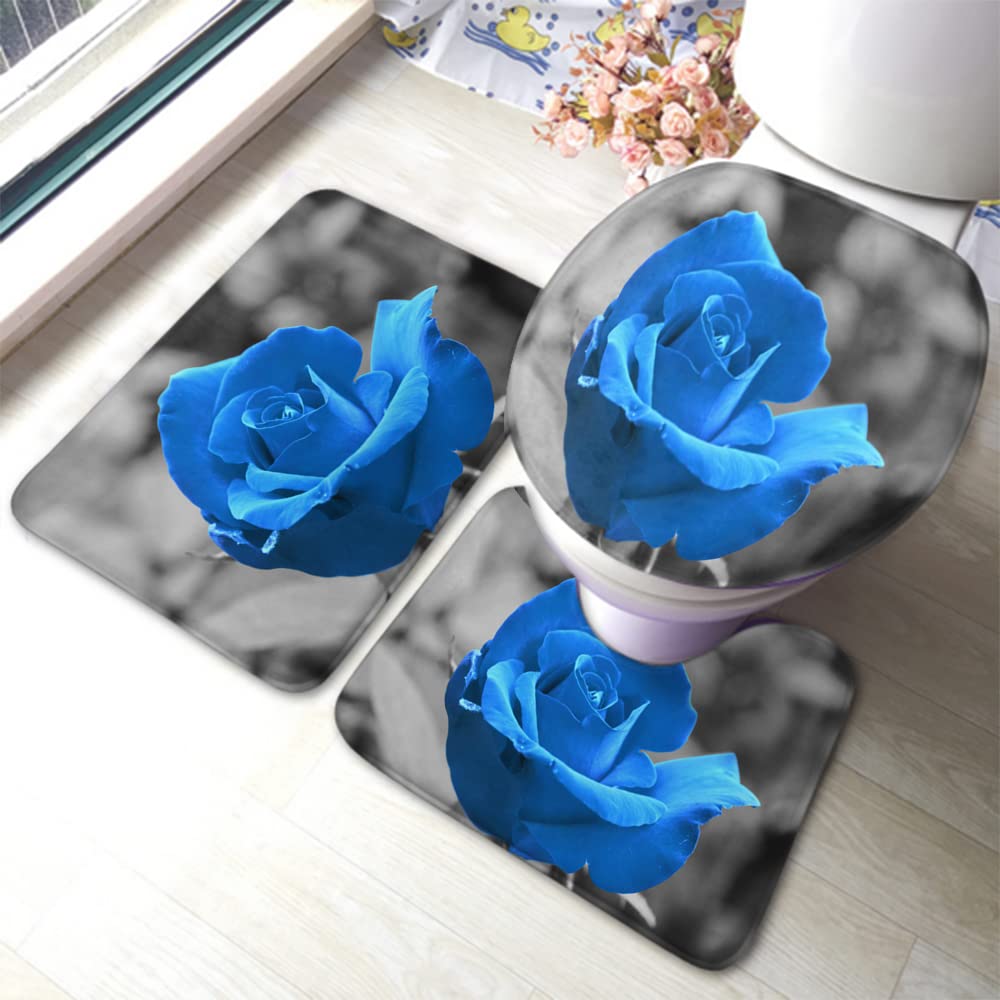 Zaueky Bluelover 3-Piece Non-Slip Bathroom Rug Set - Abstract Blue Floral Design with Rubber Backing, U-Shaped Contour Rug & Toilet Lid Cover - Soft & Absorbent for Bathroom, Bedroom & Laundry Room Decor