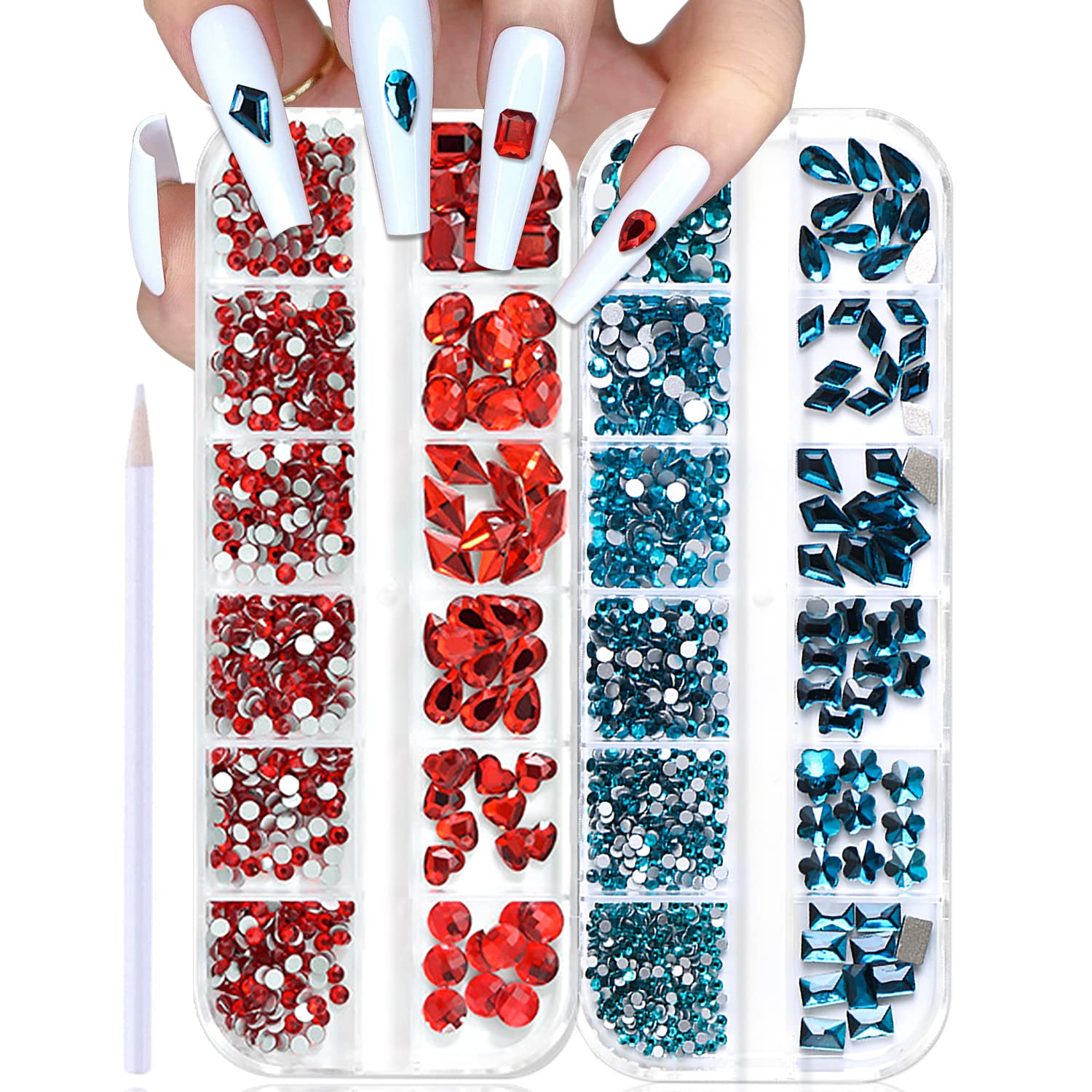 WOKOTO 2 Box Flat Back Indicolite and Red Nail Rhinestones - 1200pcs Crystal Gems for Nail Art, DIY Crafts, Makeup Face Decor - Includes Rhinestone Picker Pencil for Easy Application - Perfect for Nail Salon, Home Manicure, and Beauty Enhancement