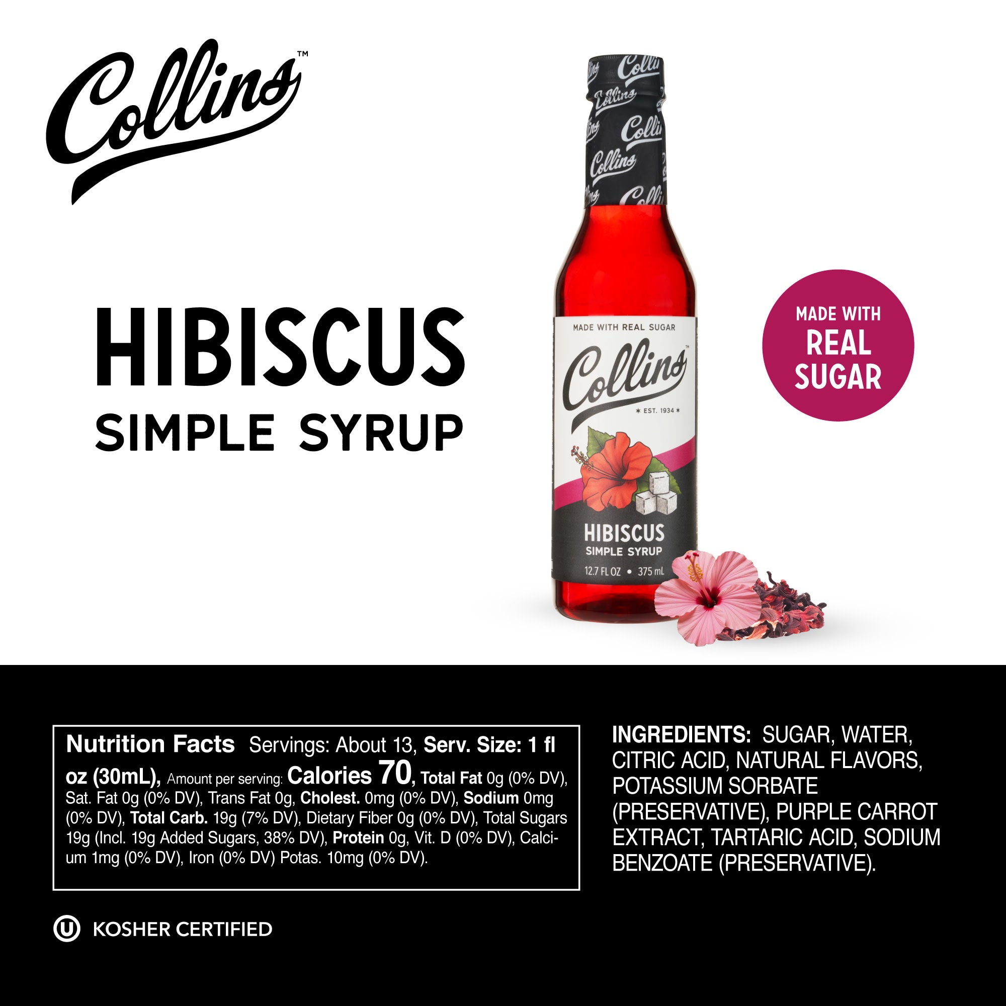 Organic Hibiscus Simple Syrup - 12.7 oz Bottle | Natural Floral Sweetener for Cocktails, Teas & Desserts | Vegan, Gluten-Free | Perfect for Mocktails, Iced Tea & Baking