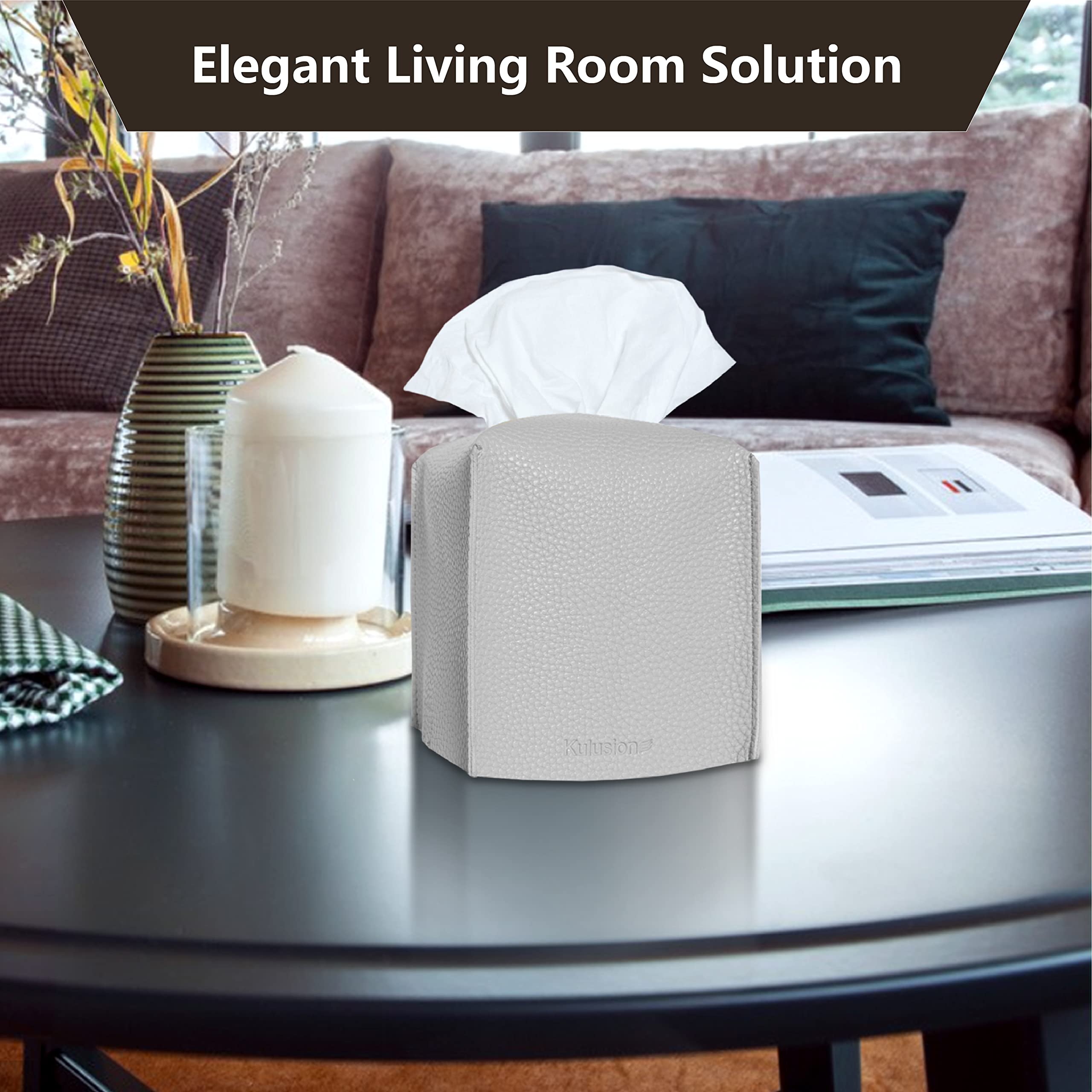 2 Pack PU Leather Tissue Box Cover Holder - Square Decorative Organizer with Bottom Belt for Tabletop, Bathroom, Car & Office | Light Grey | Perfect for Home Decor, Gift Giving & Space Organization