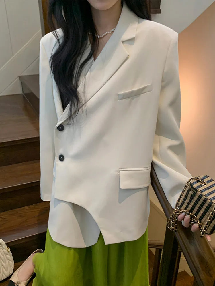 Women's Asymmetrical Blazer with Notched Collar - Long Sleeve Spliced Button Jacket for Casual Fall Fashion | Office Wear, Date Night & Autumn Outfits