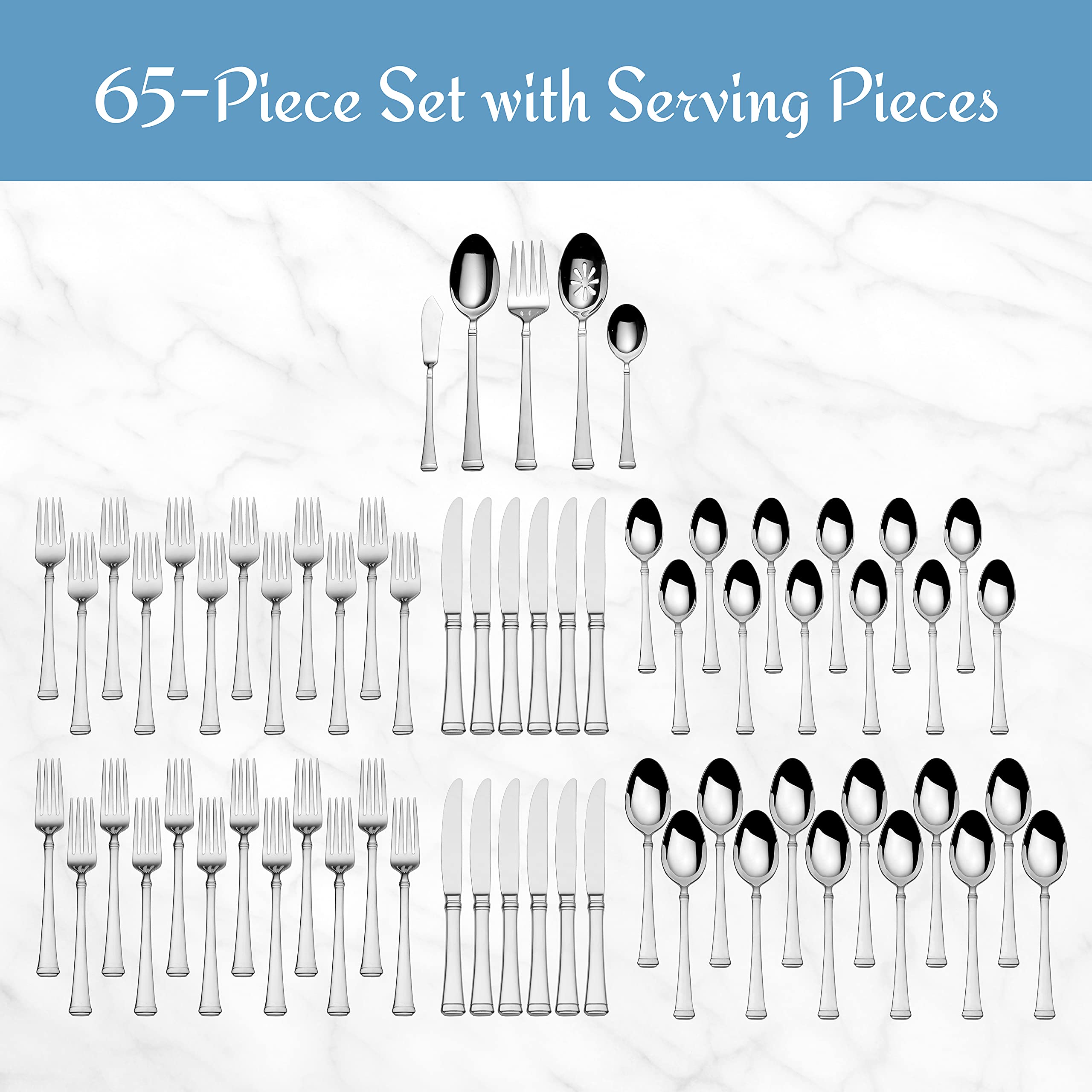 Premium Mikasa Harmony 65-Piece 18/10 Stainless Steel Flatware Set for 12 - Elegant Silverware with Serving Utensils for Fine Dining, Weddings & Holiday Entertaining