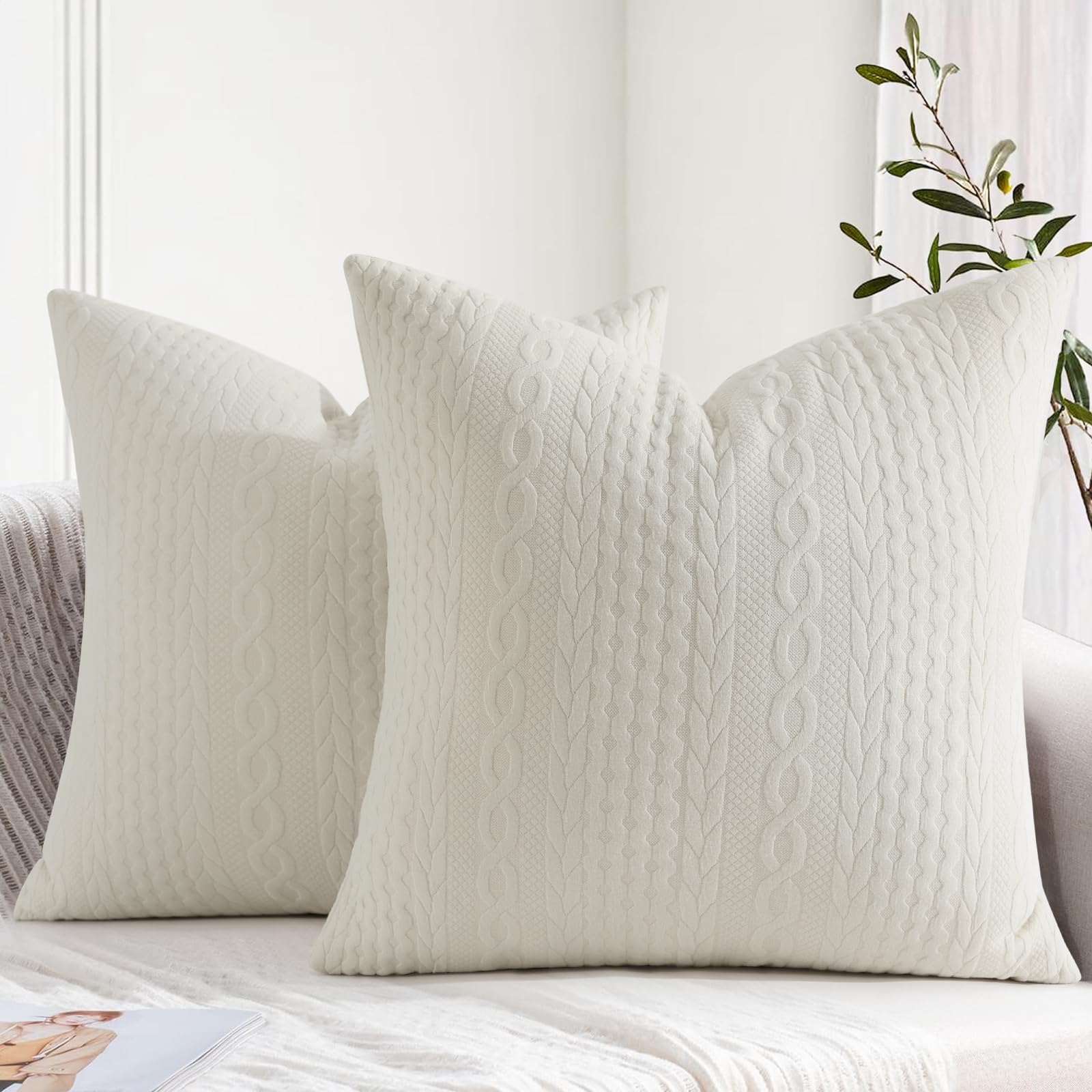 Cikary 26x26 Decorative Throw Pillow Covers Set of 2 - Soft Stretchy Embossed Couch Pillow Covers with Raised Twisted Rope Pattern for Sofa, Bed, Living Room - Beige Home Decor Accent