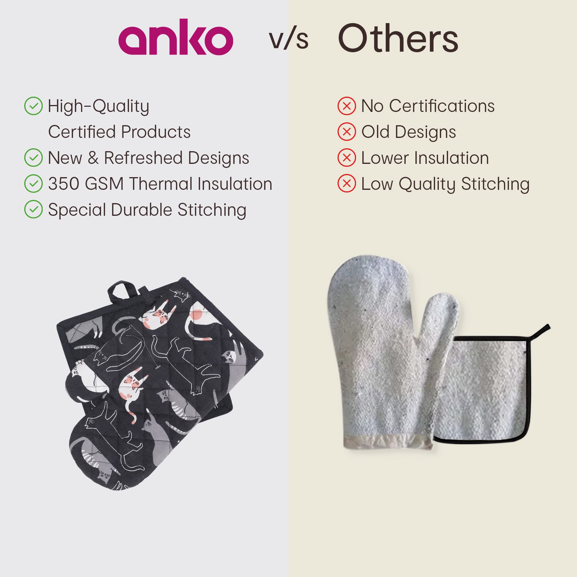 Anko Heat Resistant Oven Gloves and Pot Holder Set of 2 - 100% Cotton with Unique Print - 11