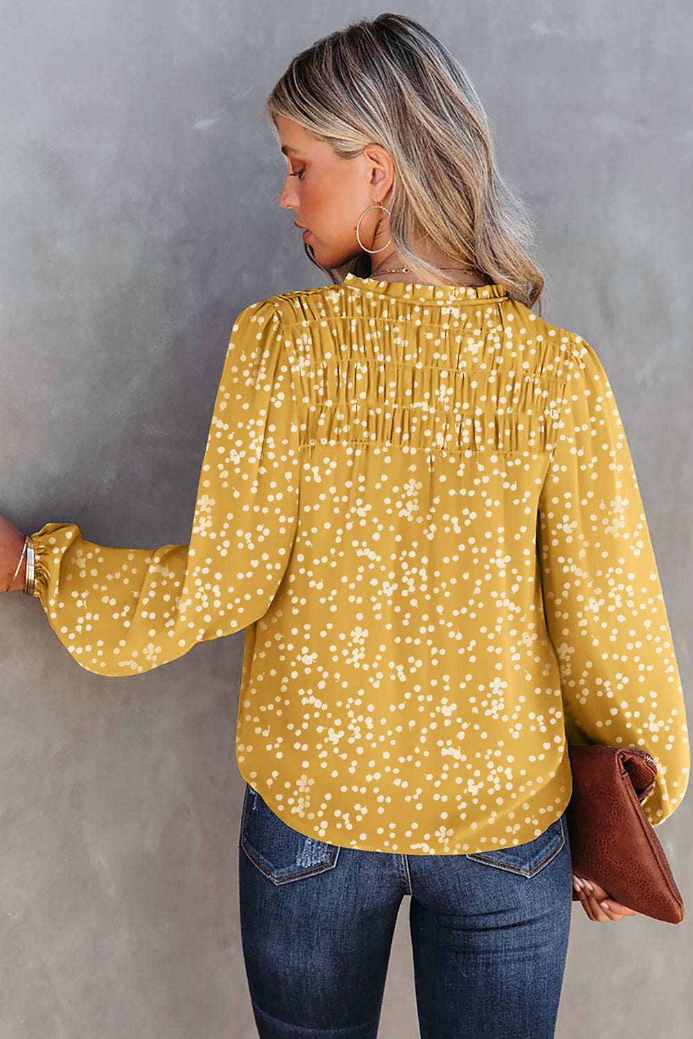Stylish V Neck Printed Crinkled Long Sleeve Blouse for Women - Trendy Casual & Office Wear
