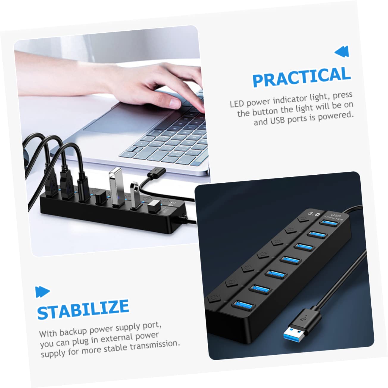 Jojofuny 3-Port USB Hub Expander Adapter with 7 Ports - High-Speed USB Extension Cable for Laptop, PC, Computer - Perfect for Home Office, Gaming & Multi-Device Charging