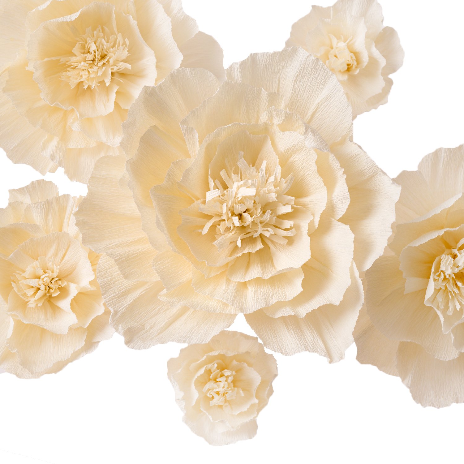 Artificial Crepe Paper Flowers - Wedding & Party Wall Decor (Set of 6, Beige) for Baby Showers & Photo Backdrops