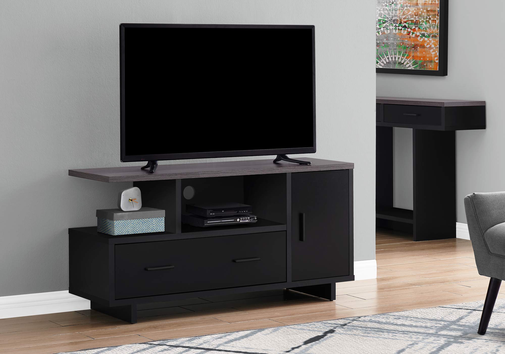 Monarch Specialties I STAND-48 L Grey TV Stand with Storage - Modern Entertainment Center for Living Room, Bedroom & Home Theater - Black