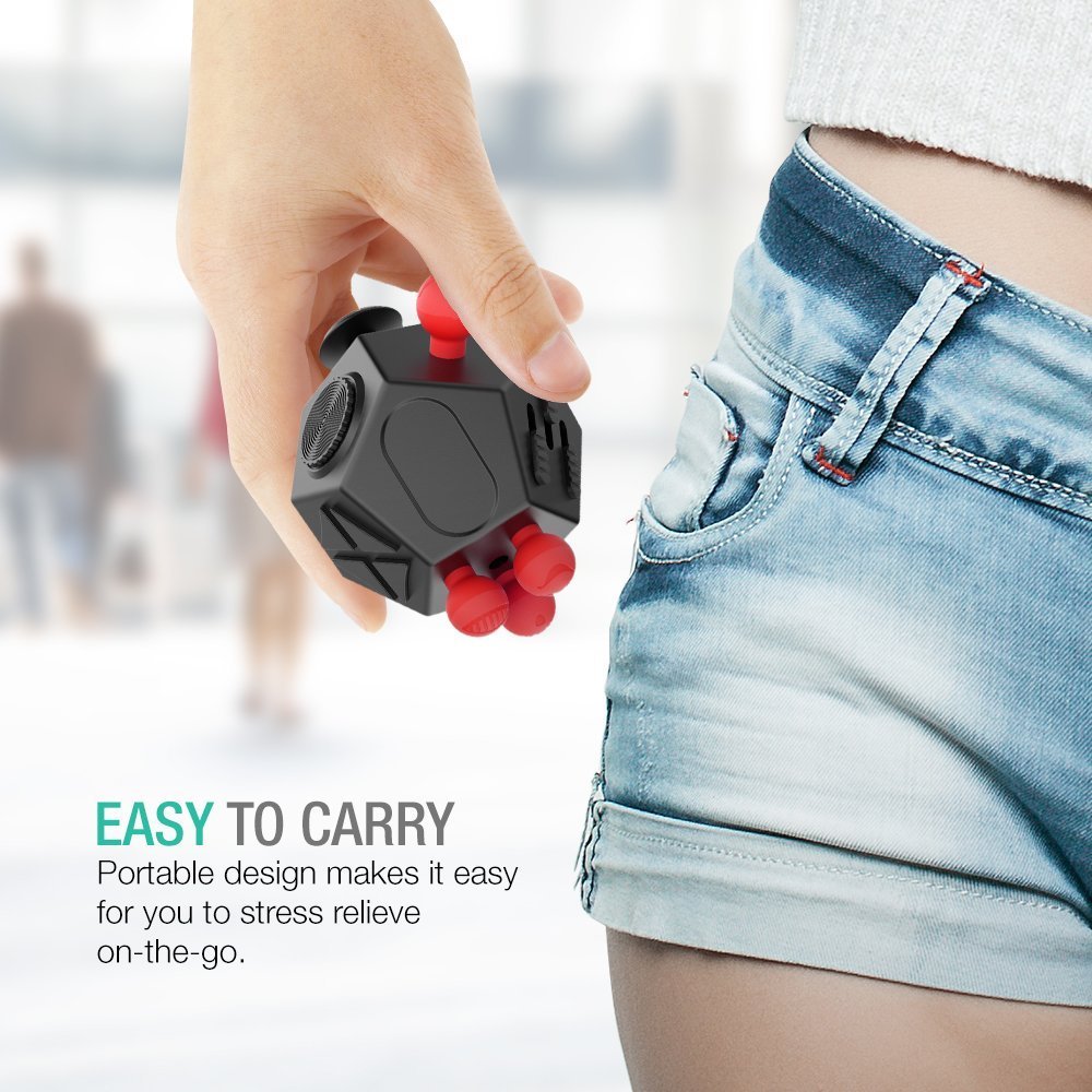 12-Sided Fidget Cube Stress Relief Toy for Anxiety & ADHD - Sensory Therapy for Autism, OCD, ADD - Calming Desk Toy for Kids & Adults (Black/Red) - Perfect for Office, School & Travel Stress Management