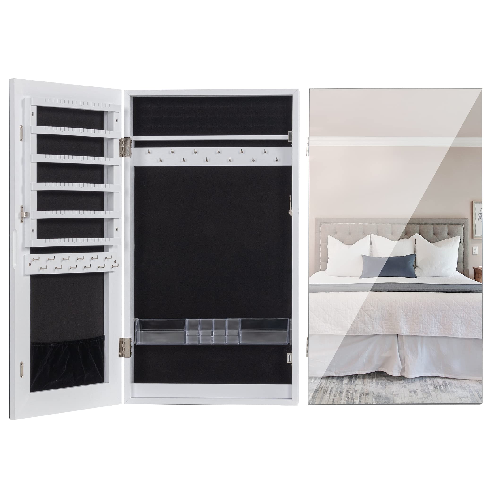 LAVIEVERT Lockable Jewelry Cabinet with Frameless Mirror - Wall/Door Mounted Space Saving Jewelry Organizer with Lipstick Compartments, White | Perfect for Bedroom, Closet & Dressing Room Organization