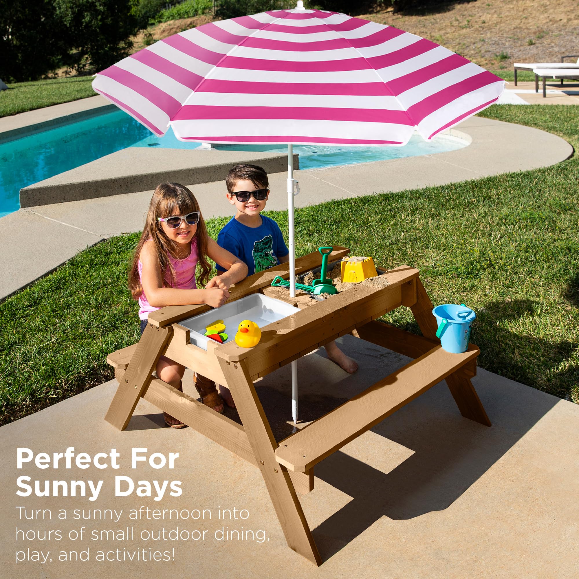 Best Choice Products Kids 3-in-1 Sand & Water Table with Umbrella - Convertible Wooden Outdoor Picnic Table with 2 Trays & Removable Top, 220lb Weight Capacity - Natural/Dark Pink - Perfect for Backyard Play, Beach Fun & Outdoor Parties