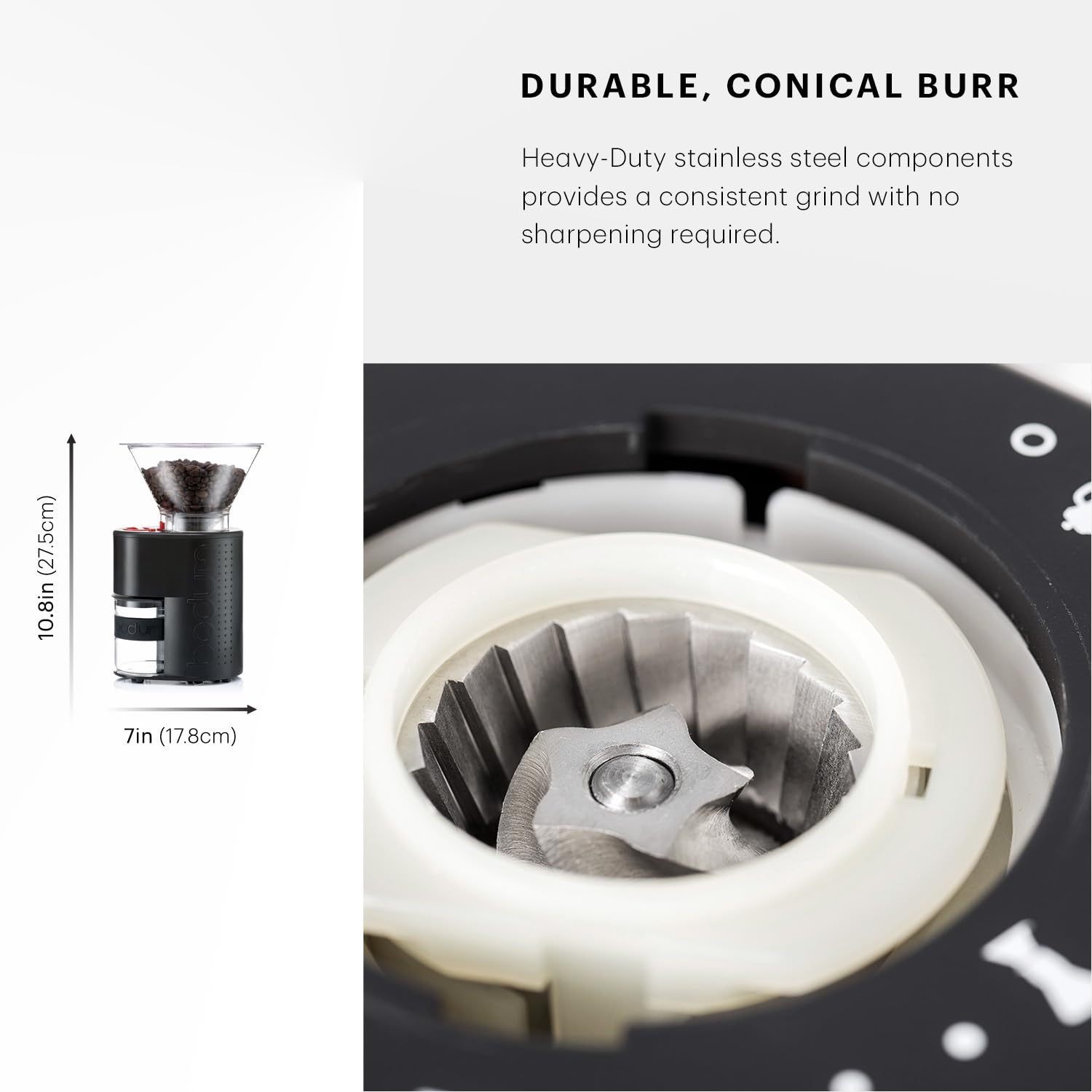 Bodim Bistro Electric Conical Burr Coffee Grinder - 12 Adjustable Grind Settings with Preset Timer, Black - Perfect for Home Baristas & Coffee Enthusiasts