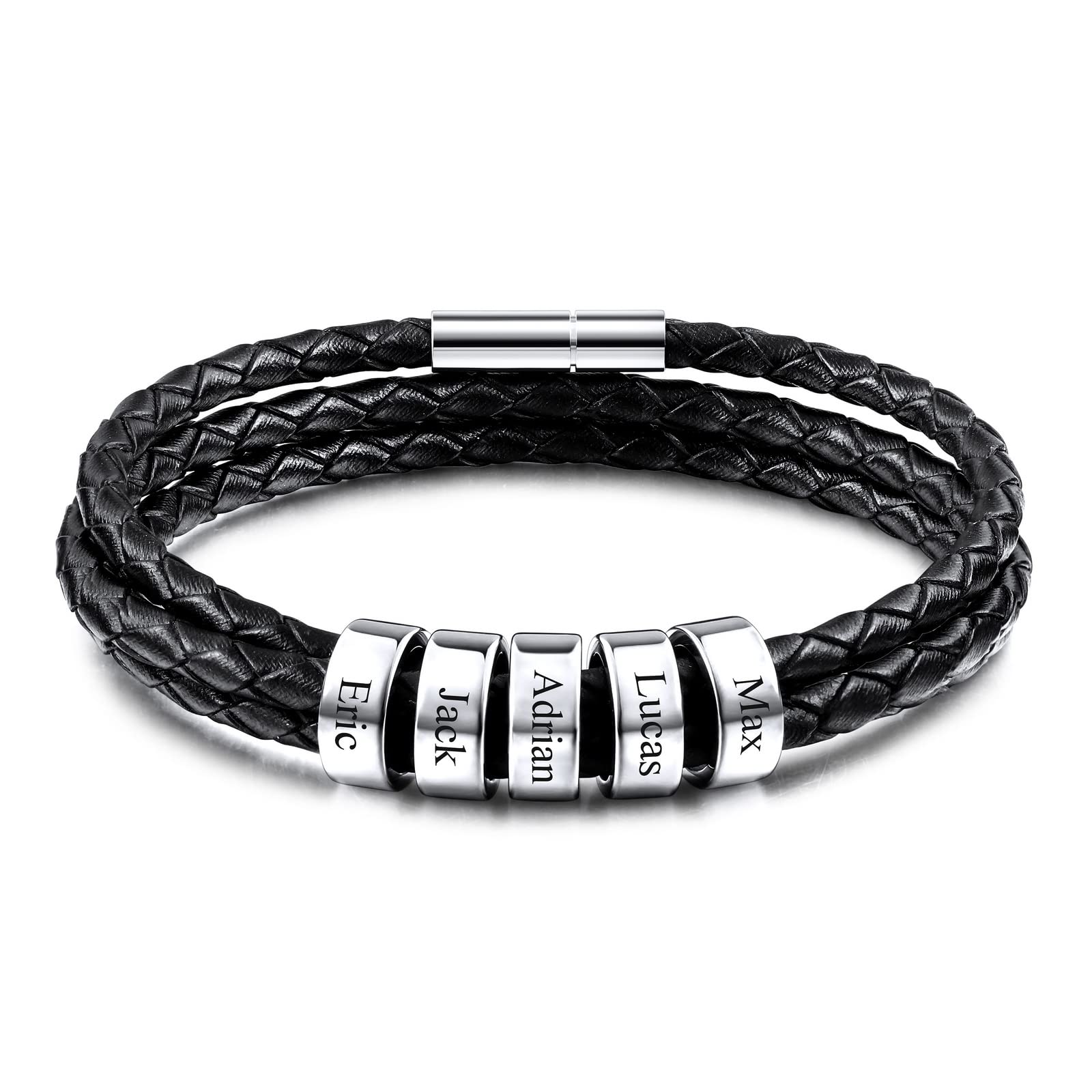 Custom Engraved Leather Braided Bracelet for Men with 2-6 Name Beads - Personalized Gift for Boyfriend, Husband, Women - Trendy Rope Bracelet Jewelry for Casual Wear, Date Night & Special Occasions