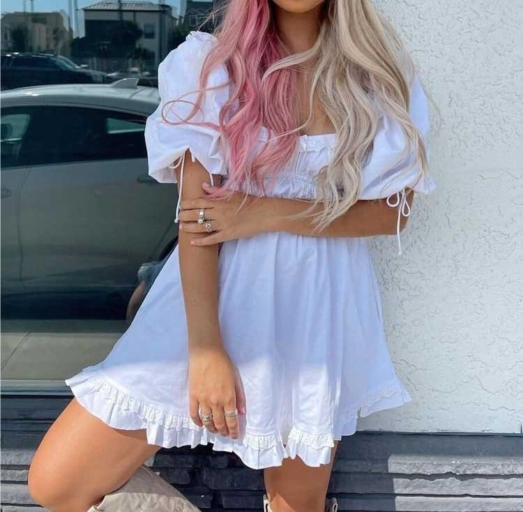 Sexy White Puff Sleeve Mini Dress with Ruffle Trim & Square Neckline - Elastic Bust Summer Party Dress for Women | Perfect for Cocktail Parties, Date Nights & Special Occasions