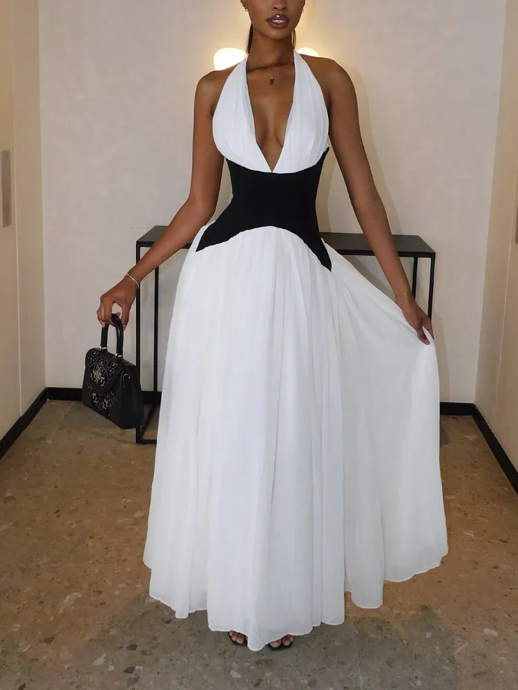 Elegant Contrasting Women's Long Dresses - Sexy V-Neck High Waist A-Line Midi Vestidos for Summer, Evening & Club Wear - Sleeveless Ladies Formal Robes for Parties, Weddings & Night Out
