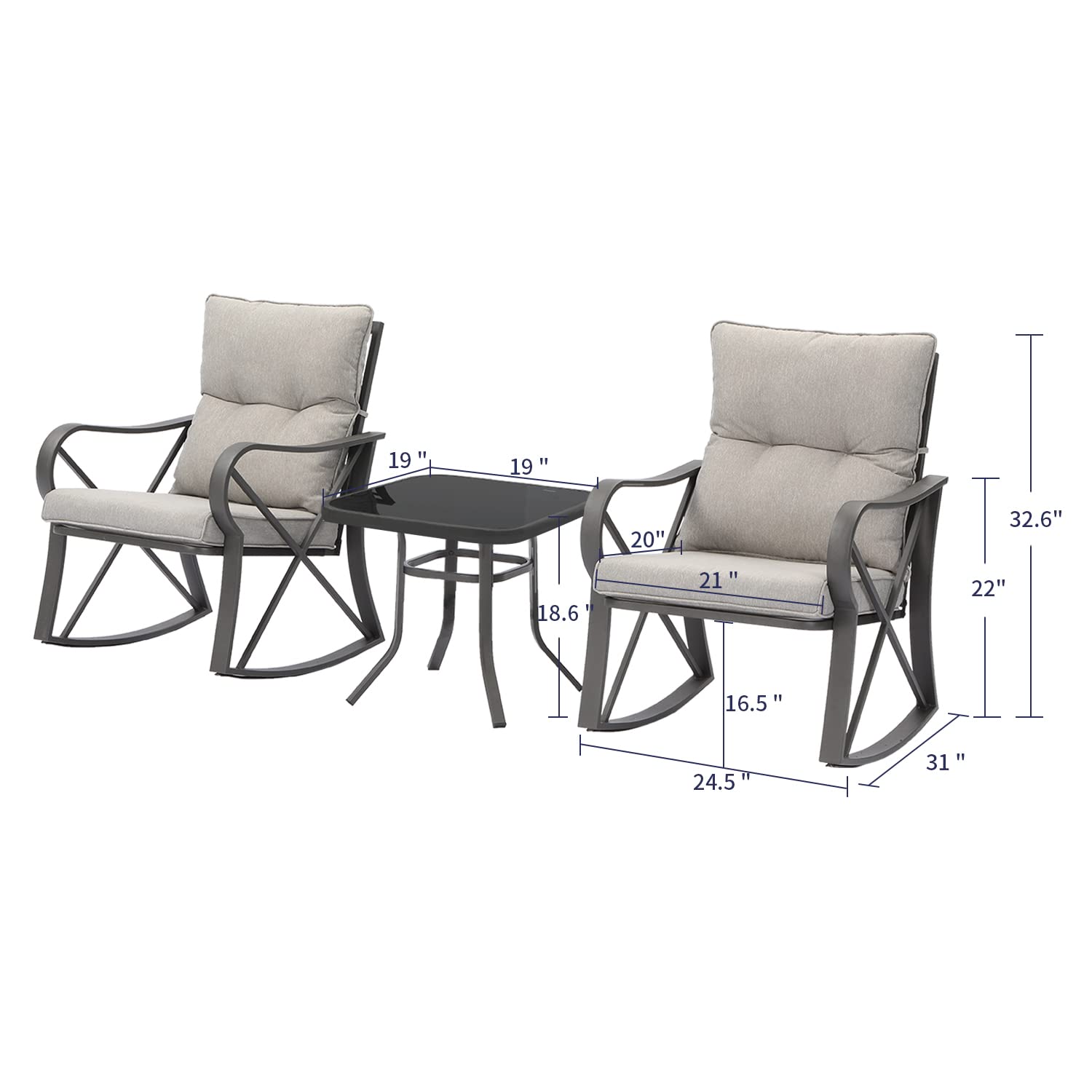 **SUNBURY Outdoor 3-Piece Rocking Bistro Set - Modern Patio Furniture with Warm Gray Cushions & Glass Coffee Table - Small Rocker Conversation Set for Garden, Backyard, Porch, or Balcony - Perfect for Relaxing, Entertaining, and Enjoying Outdoor Moments**