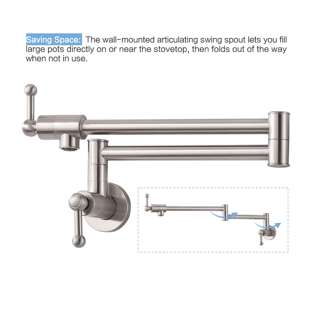 Brushed Nickel Wall Mount Pot Filler Faucet - Stainless Steel Commercial Kitchen Sink Faucet with Folding Stretchable Spout, Single Hole & Two Handles - Perfect for Restaurants, Home Kitchens & Bar Sinks