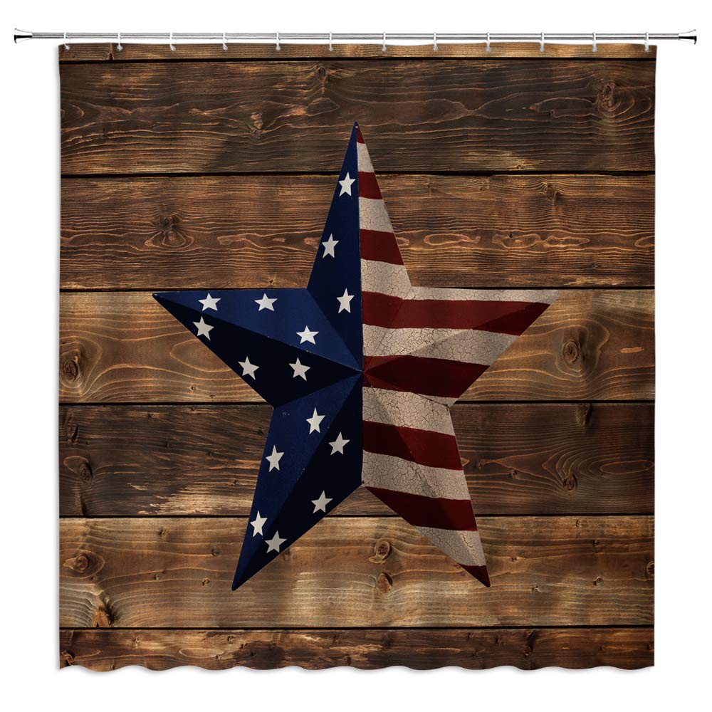 Vintage Rustic Wooden Barn Door Shower Curtain - Texas Star American Flag Farmhouse Brown Plank Western Retro Design - Countryside Art Bathroom Decor Fabric Curtain with Hooks - Perfect for Farmhouse, Rustic, or Western Style Bathrooms