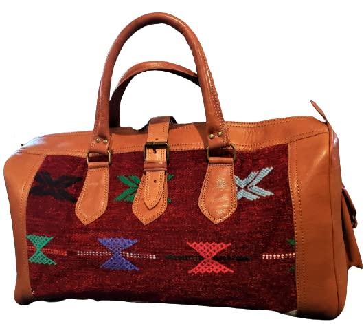 Vintage Red Kilim & Genuine Leather Travel Bag - Durable Handmade Carry-On for Weekend Getaways & Adventure Trips
