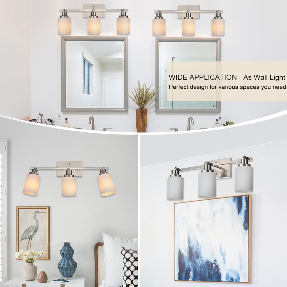 3-Light Brushed Nickel Track Lighting Fixture with Opal White Glass Shades, E26 Bulb Base - Modern Ceiling & Wall Spot Lights for Living Room, Kitchen, Gallery & Retail Stores