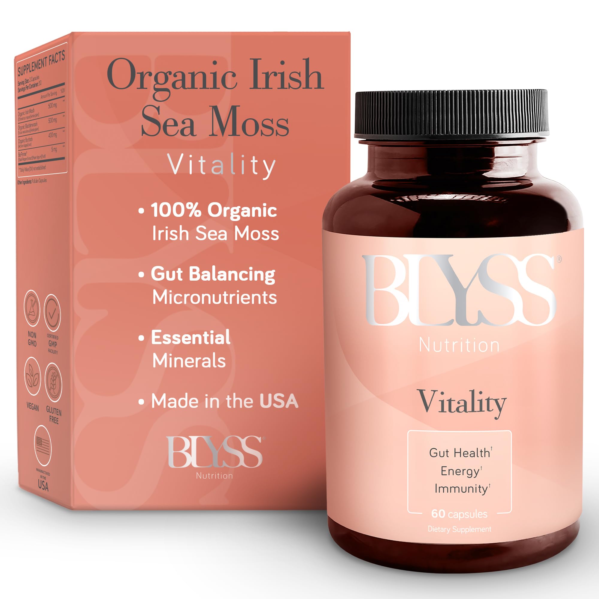 Organic Irish Sea Moss Capsules with Burdock Root, Bladderwrack & Bioperine Black Pepper - Vegan Supplement for Energy, Gut Health, Thyroid Support & Anti-Aging - 60 Count - Perfect for Daily Wellness & Immune Boosting