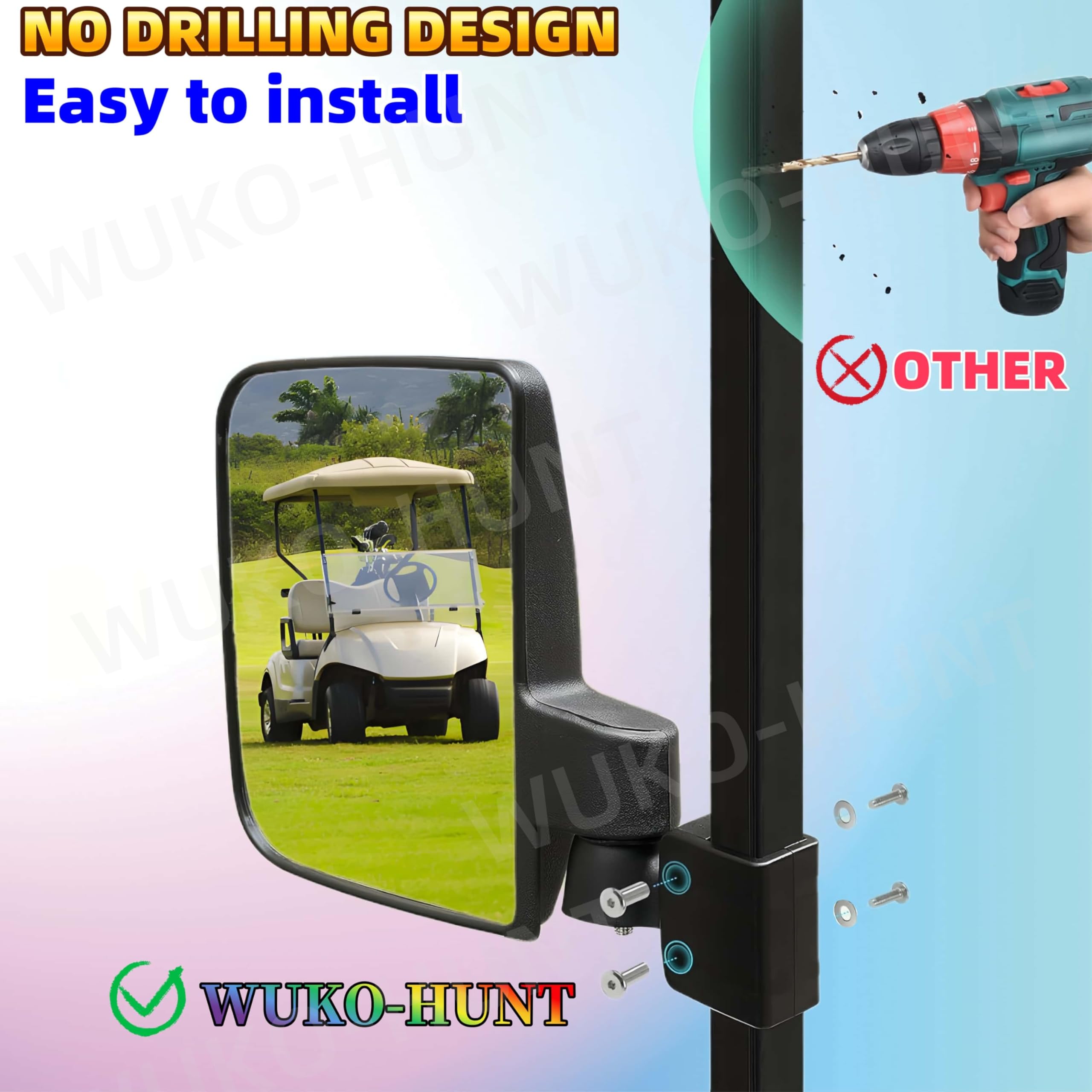WUKO HUNT Golf Cart Mirrors (2025 Upgrade) - No Drill Side Mirrors for Club Car, EZGO & Yamaha Golf Carts - 180° Adjustable Folding Rear View Mirrors with Shatterproof HD Glass - Perfect for Golf Courses, Resorts & Gated Communities