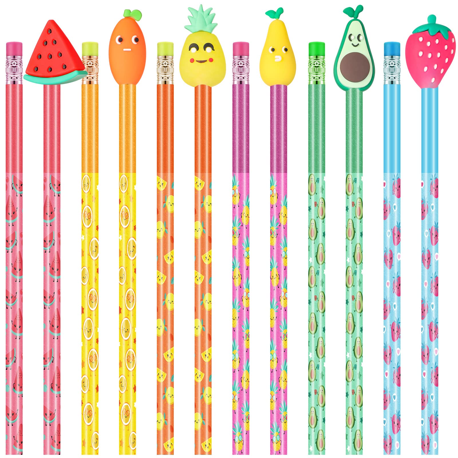 Leinuosen 30-Pack Scented Cartoon Fruit Pencil Toppers with 12 Erasers - Fun School Supplies for Kids Classroom & Homework Organization