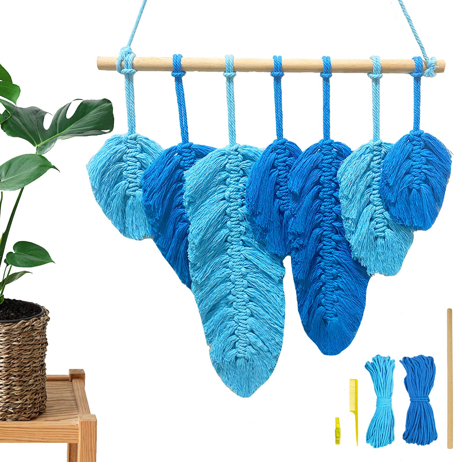 Feather Macrame Kit for Beginners - DIY Macramé Wall Hanging Starter Kit with Cotton Ropes & Stickers, Boho Home Decor for Nursery, Bedroom, Living Room (Sky Blue) | Perfect for Craft Lovers, DIY Projects & Boho Chic Home Decoration