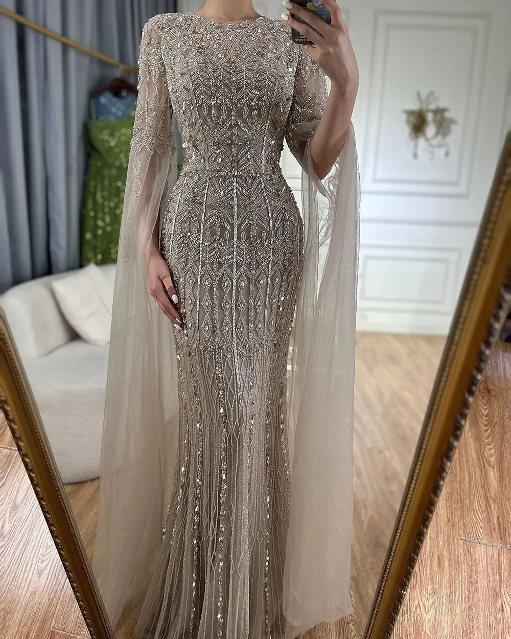 Luxury Dubai Saudi Arabia Caramel Mermaid Evening Gown with Elegant Cape Sleeves & Beaded Details - Formal Dresses for Weddings, Galas & Special Occasions