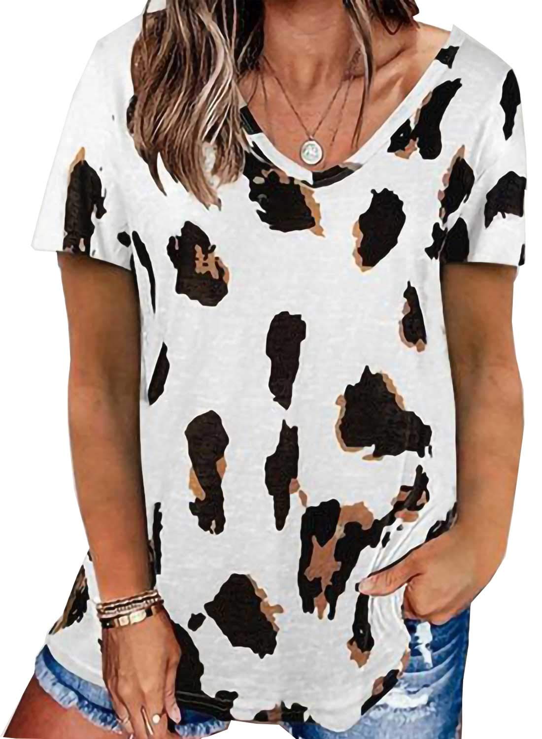YIJIU Women's Leopard Print Short Sleeve V-Neck T-Shirt - Loose Fit Casual Summer Blouse for Women - Perfect for Beach, Vacation, and Everyday Wear