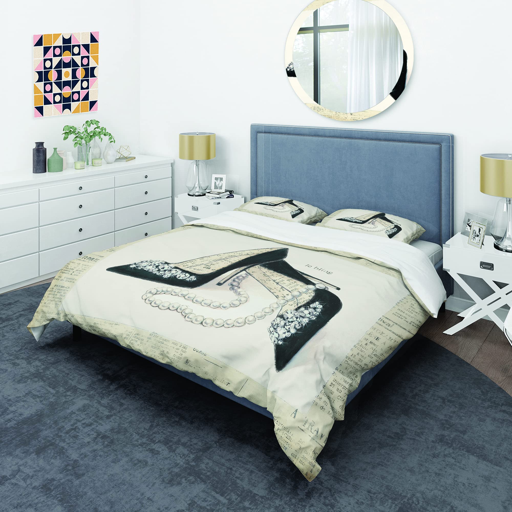 DesignQ Glamorous Black Diamond Stiletto Duvet Cover Set King Size - 3 Piece Luxury Bedding Set with Traditional Pattern, All Season Soft Comforter Cover for Master Bedroom & Guest Room Decor