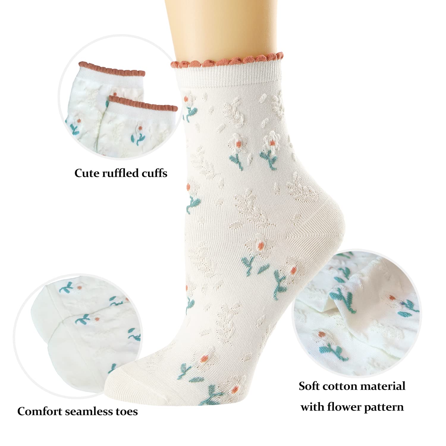 Albagu Women's Crew Socks - 5 Pack Cotton Casual Cute Floral Ankle Socks for Girls | Thin Dress Socks for Work, School & Everyday Wear | Fun Novelty Socks Collection