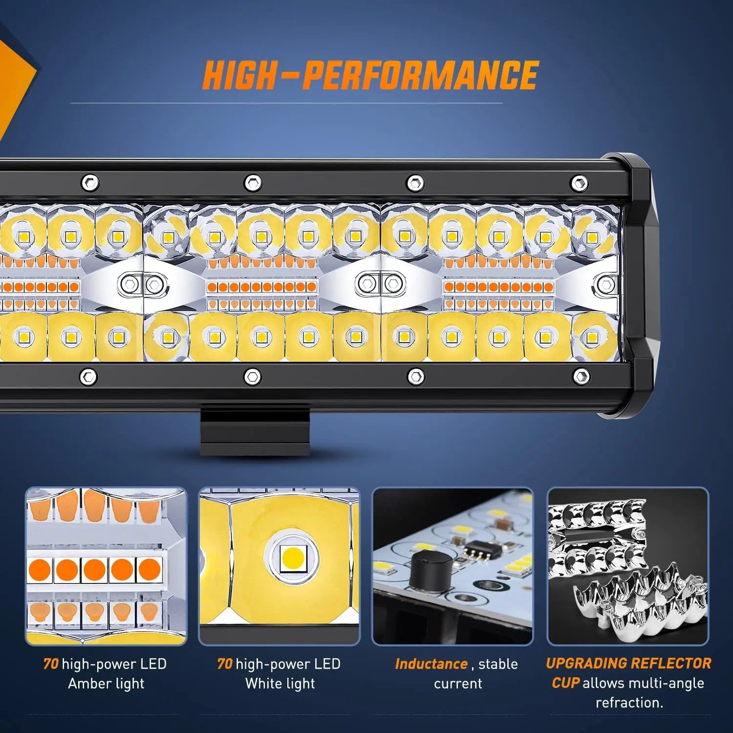 420W 20 Inch Triple Row LED Light Bar - Amber & White Strobe/Spot/Flood Combo with 16AWG Wiring - Perfect for Off-Road Trucks, ATVs, UTVs & Emergency Vehicles