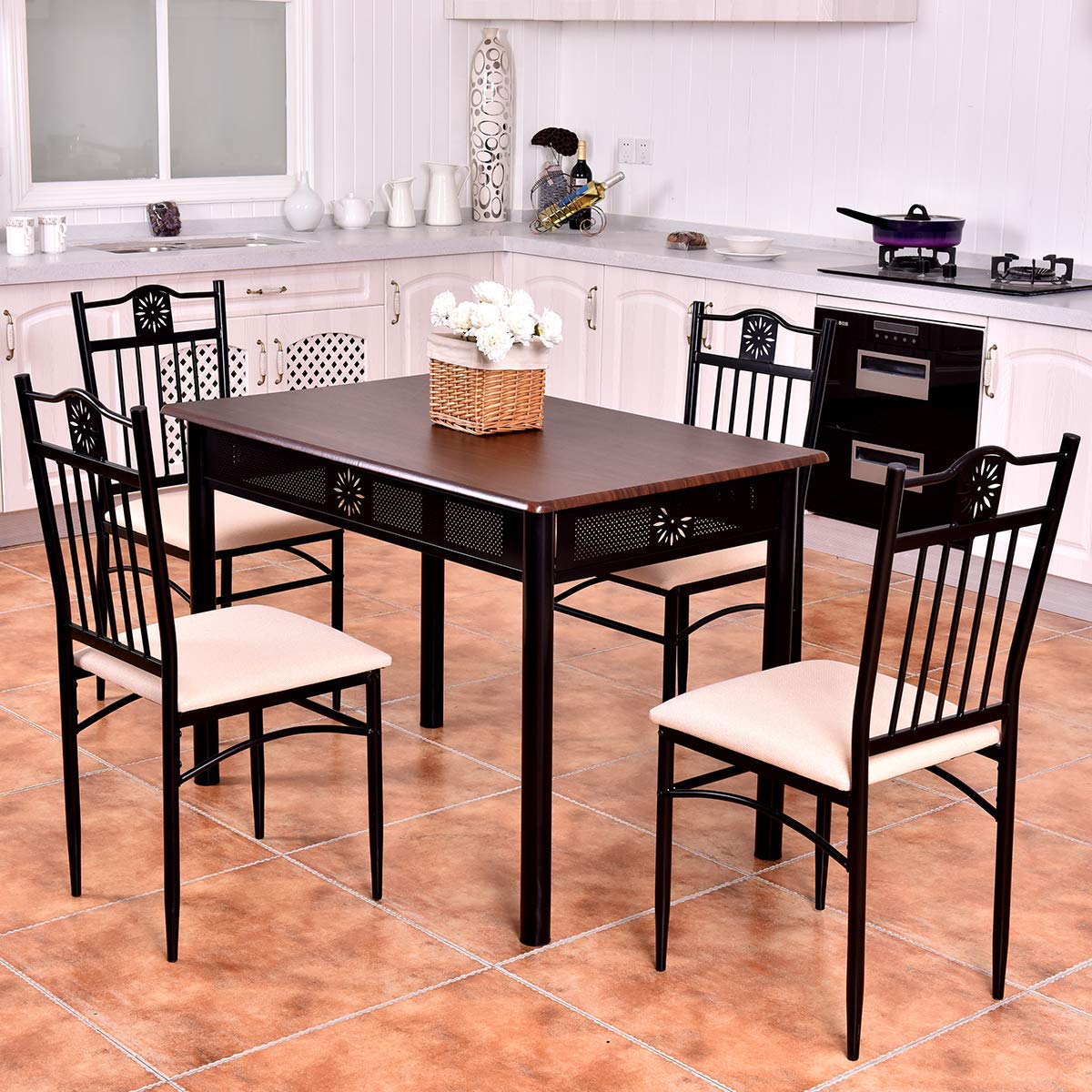 Vintage Retro 5-Piece Dining Table and Chairs Set - Solid Wood Top with Metal Frame & Padded Seats - Perfect for Kitchen, Dining Room, Breakfast Nook & Small Space Homes - Casual & Formal Dining Furniture