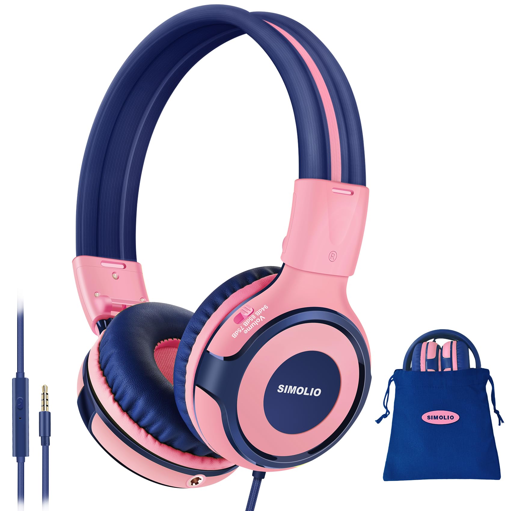 SIMOLIO Volume Limited Kids Headphones with Microphone & Share Port - 75-85-94dB Safe Sound Level, Wired Children Headset for Boys Girls - Perfect for School, Travel, Online Learning & Gaming