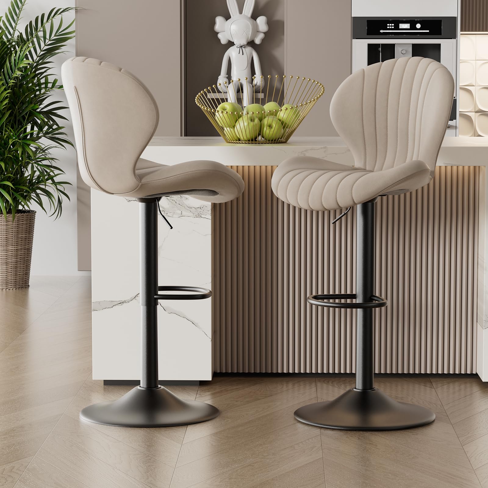 Modern Bar Stools Set of 2 - Adjustable Swivel Counter Height Stools with High Backrest, Beige Kitchen Island Stools for Dining Room, Bar & Home Decor