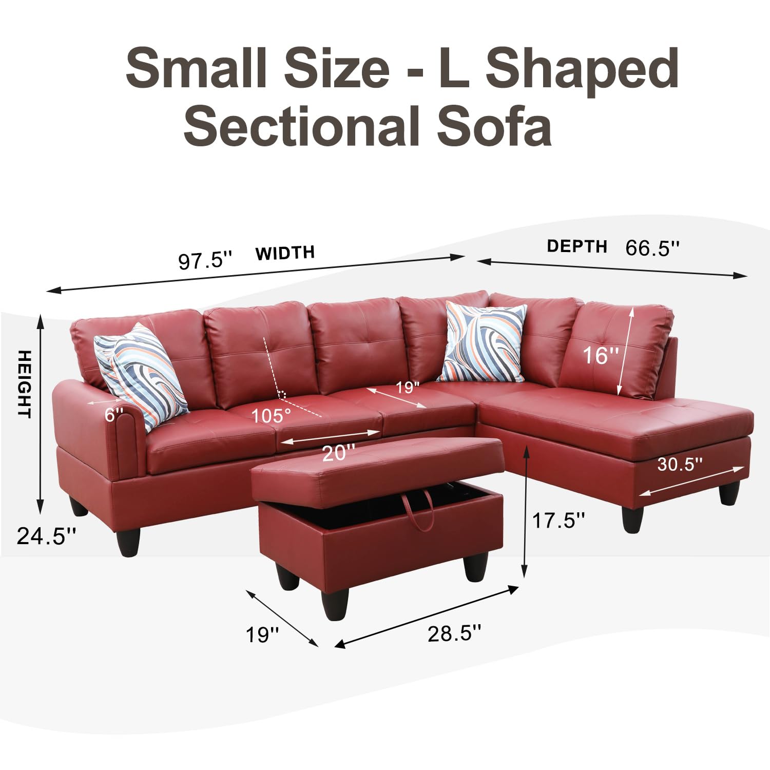 Modern L-Shaped Faux Leather Sectional Sofa Set with Ottoman - Right Hand Facing Red Living Room Couch for Small Spaces | Perfect for Apartments, Home Theater & Family Gatherings