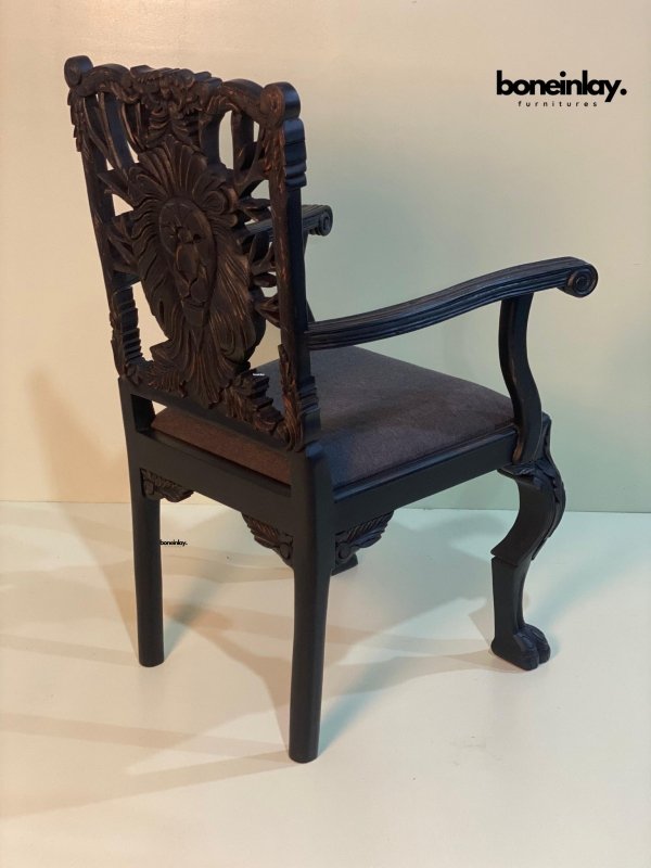 Hand Carved Black Lion Dining Chair - Solid Wood Animal Print Accent Chair for Dining Room, Living Room, or Home Office - Perfect for Farmhouse, Bohemian & Eclectic Decor Styles