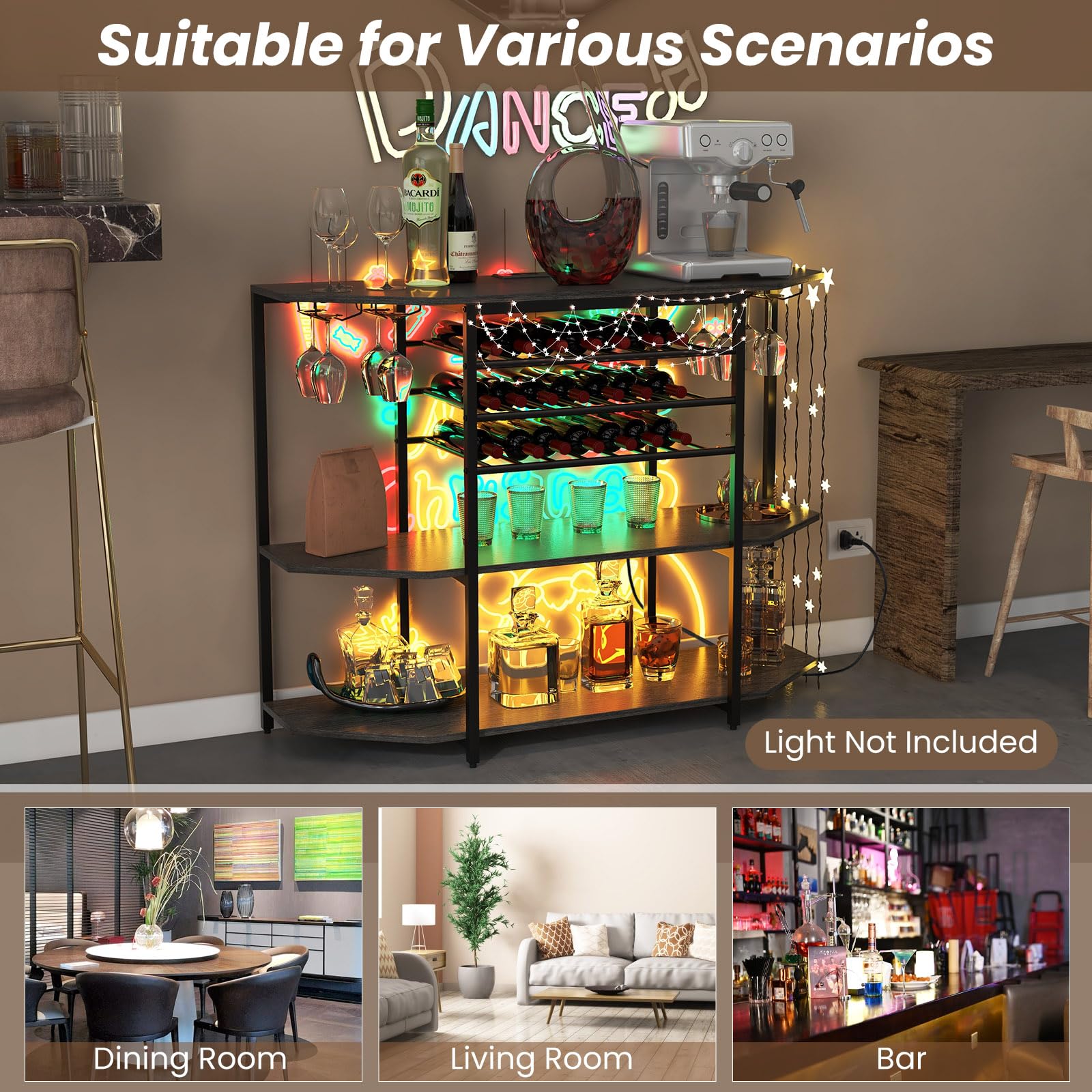 Giantex Industrial Bar Table Cabinet with Power Outlet & USB Port - 21 Bottle Wine Rack & Glass Holder - 3-Tier Mini Coffee Bar Stand for Liquor Storage - Perfect for Kitchen, Dining Room & Home Bar Organization