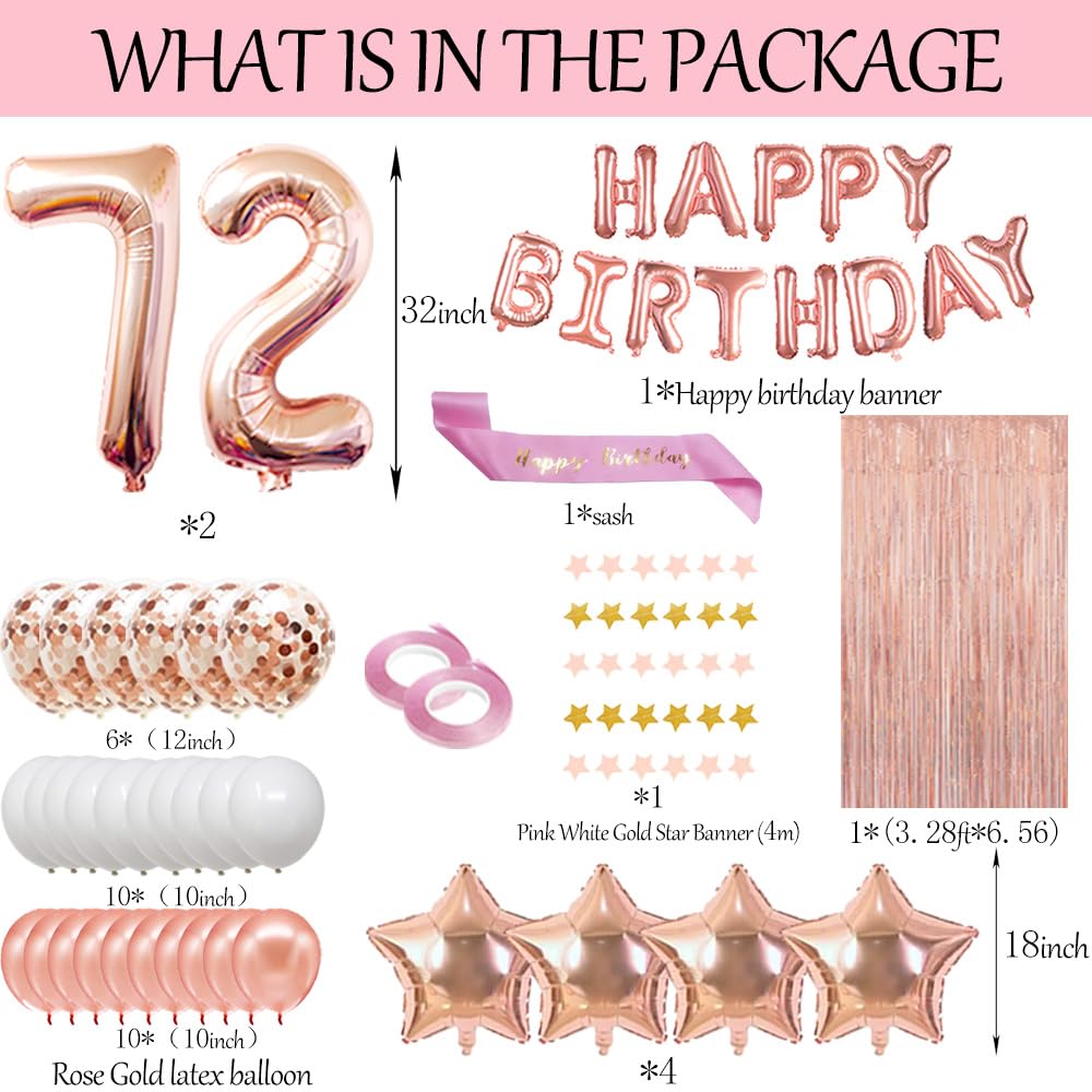 72nd Birthday Decorations Set - Rose Gold Happy Birthday Banner, Sash & Number 72 Balloons for Women | Latex Confetti Balloons Party Supplies | Perfect for 72 Year Old Birthday Celebrations, Retirement Parties & Milestone Events
