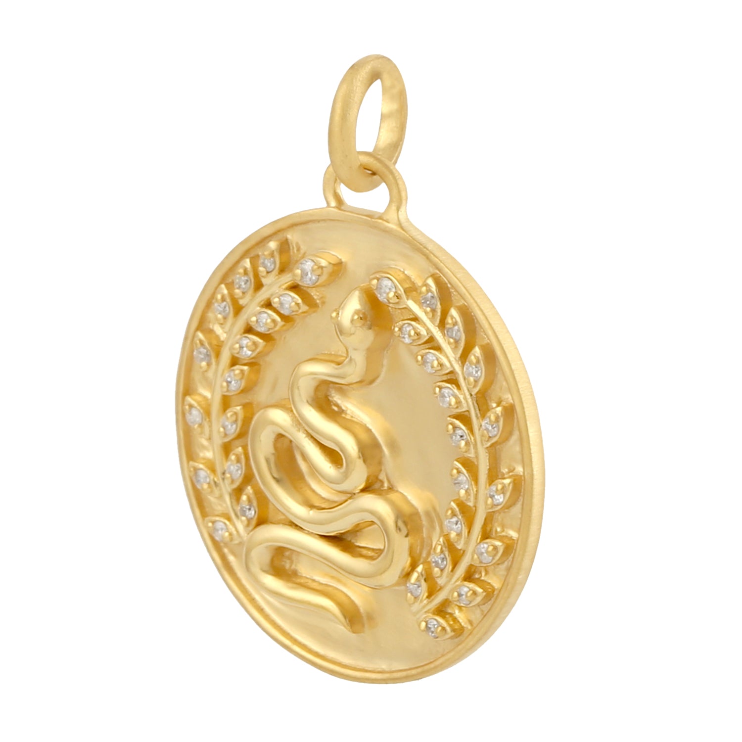 14K Yellow Gold Hand-Carved Snake & Leaf Pendant with Studded Pavé Diamonds | Elegant Jewelry Gift for Women, Perfect for Parties, Weddings & Special Occasions