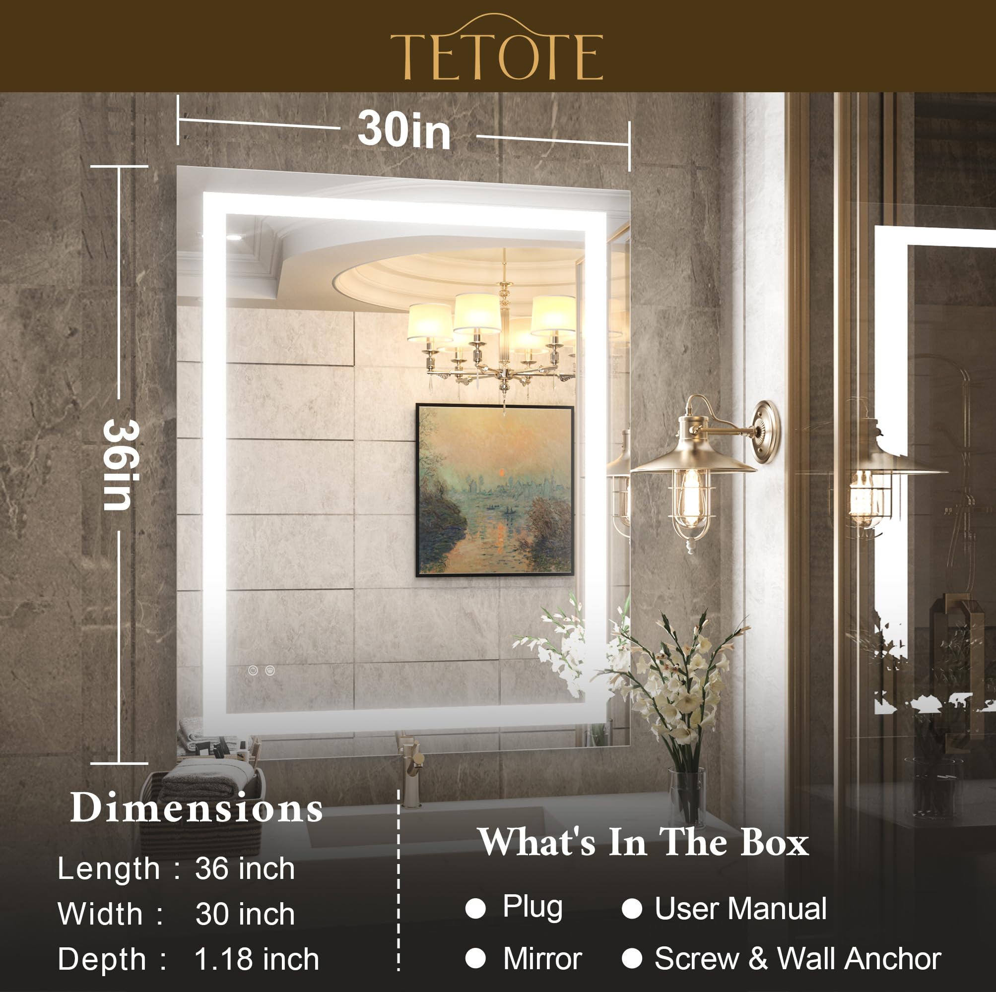 30 x 36 Inch LED Bathroom Mirror with Dimmable Lights - Anti-Fog Vanity Mirror for Makeup - Wall Mounted Modern Lighted Mirror with Tempered Glass - Perfect for Home Spa, Dressing Room & Luxury Bathroom Decor