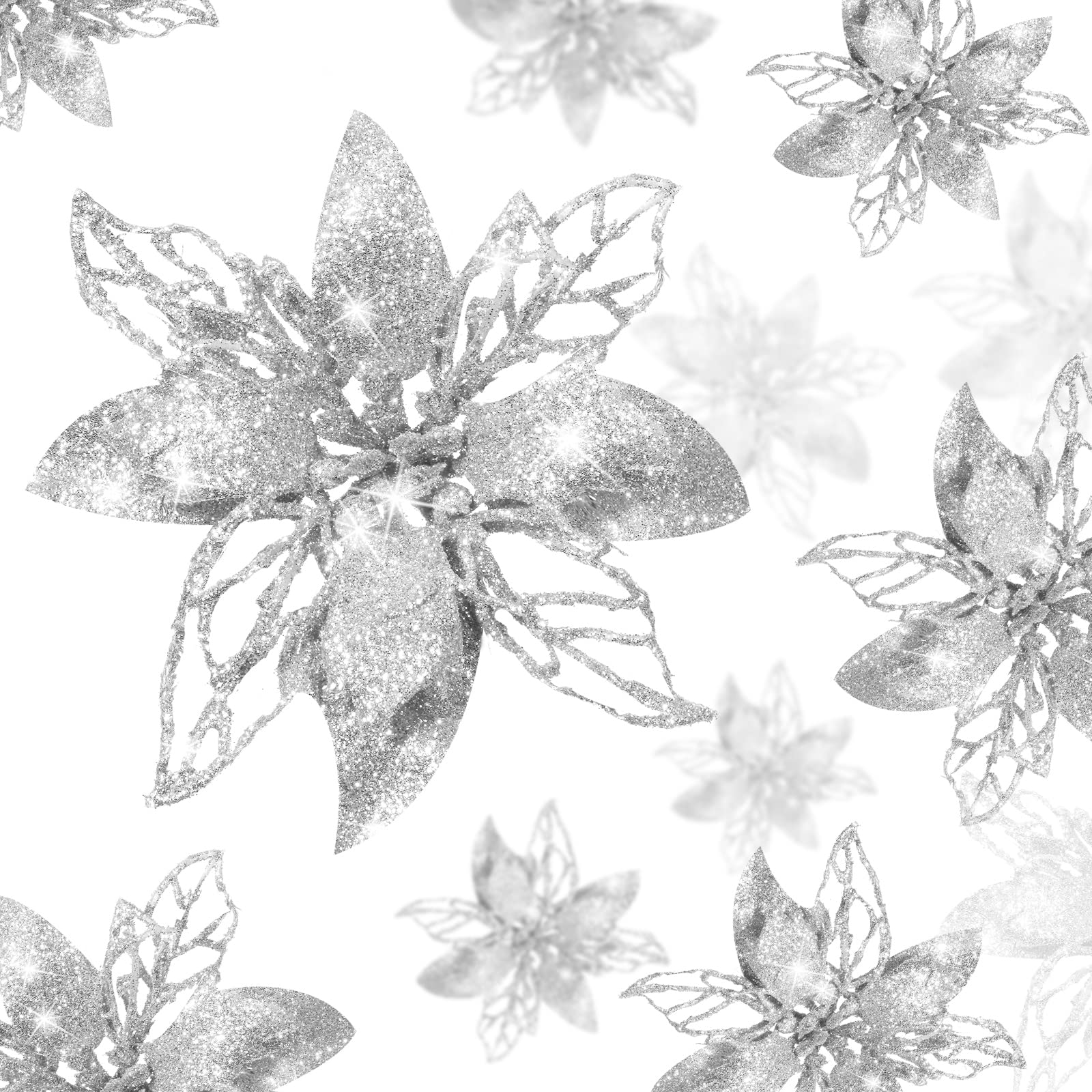 24-Piece Silver Glitter Artificial Poinsettia Flowers - Christmas Tree Decorations, Wedding Centerpieces, Holiday Party & New Year Home Decor