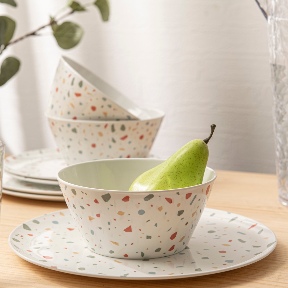 12-Piece Outdoor Dinnerware Set - Durable White Confetti Melamine Plates & Bowls for Picnics, BBQs, and Pool Parties - Shatterproof Dishware for Outdoor Dining