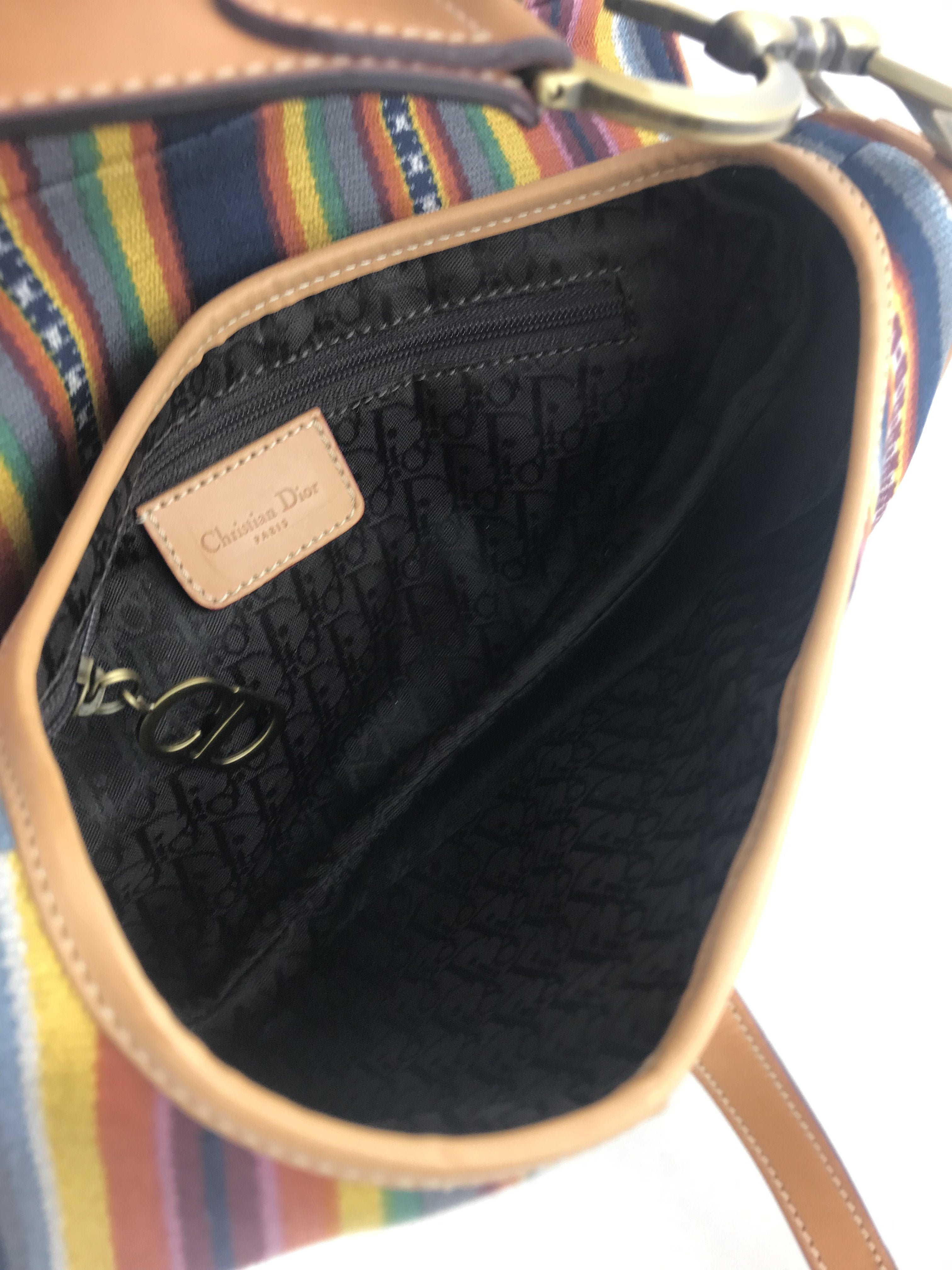 Christian Dior Canvas Striped Saddle Bag - Luxury Designer Handbag for Women | Fashion Shoulder Bag & Crossbody Purse | Perfect for Work, Travel & Evening Events