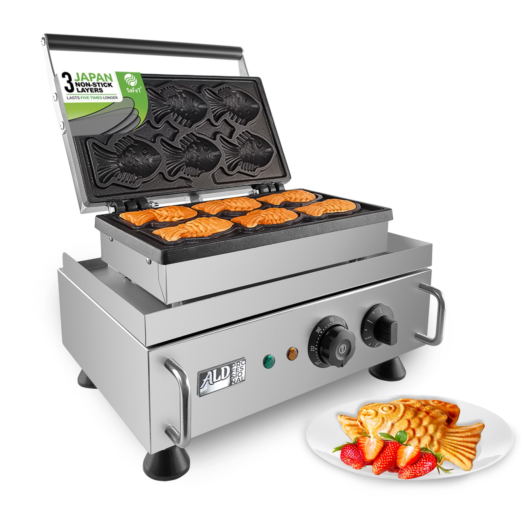 ALDKitchen Commercial Digital Taiyaki Fish Waffle Maker - 6-Cavity Non-Stick Gold Fish Pancake Machine 110V for Bubble Tea Shops, Asian Dessert Cafes & Home Breakfast (6 Mini Closed-Mouth Fish Molds)