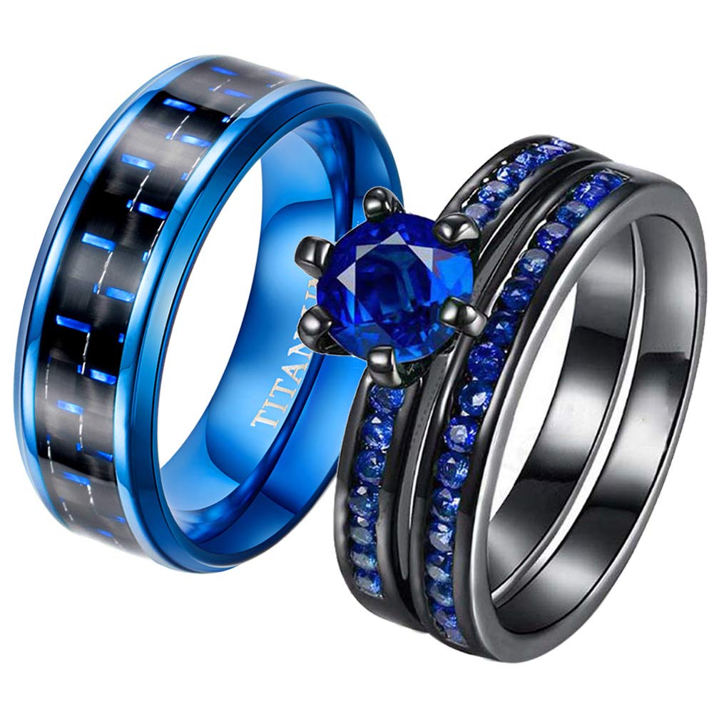 His and Hers Couple Rings Set - 2pcs Black Gold Filled Wedding Bands with Blue CZ Stones - Titanium Men's Ring & Women's Wedding Band - Perfect for Anniversaries, Engagements and Romantic Gifts